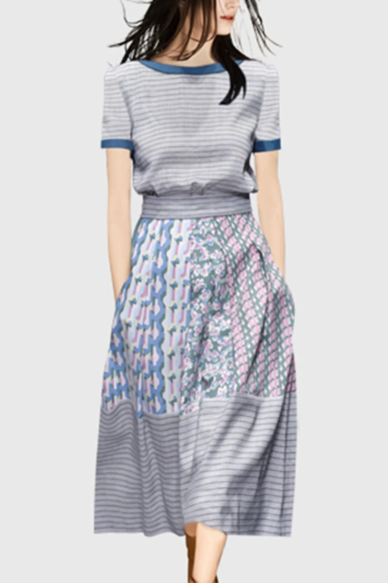 LLZACOOSH Fashion Women Summer Short Sleeve Pullover Stripe TShirt Top& A Line Printed Knee Lenght Skirt Two Piece Sets Outfits