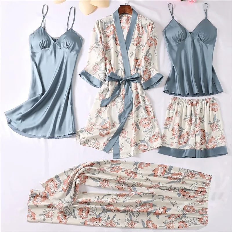 Women Robe Sets Sexy Sleepwear Satin Silky Nightwear Kimono Bathrobe Gown Print Flower Intimate Lingerie Loungewear women sleepwear bride robes silk robe sleepwear pajamas