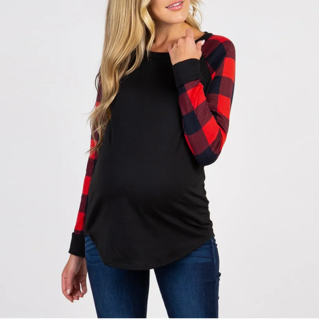 Maternity Clothes Loose Plaid Printed Pregnancy Clothes Blouse T-shirt Casual Maternity Tops Full Sleeve Soft Cotton Nursing Top