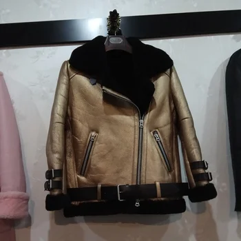

woman's New fashion 2020 winter genuine sheepskin shearing coat natural real leather jacket for female lady couple's golden xl