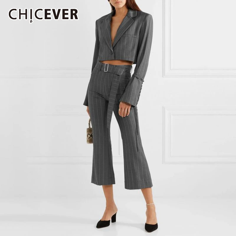 

CHICEVER Striped Women Two Piece Set V Neck Flare Sleeve Blazer High Waist Sashes Slim Ankle-length Pants Suits Female Fashion