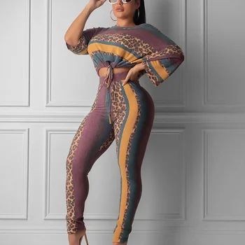 

Fashion leopard striped long sleeves pencil pants autumn two-piece suit