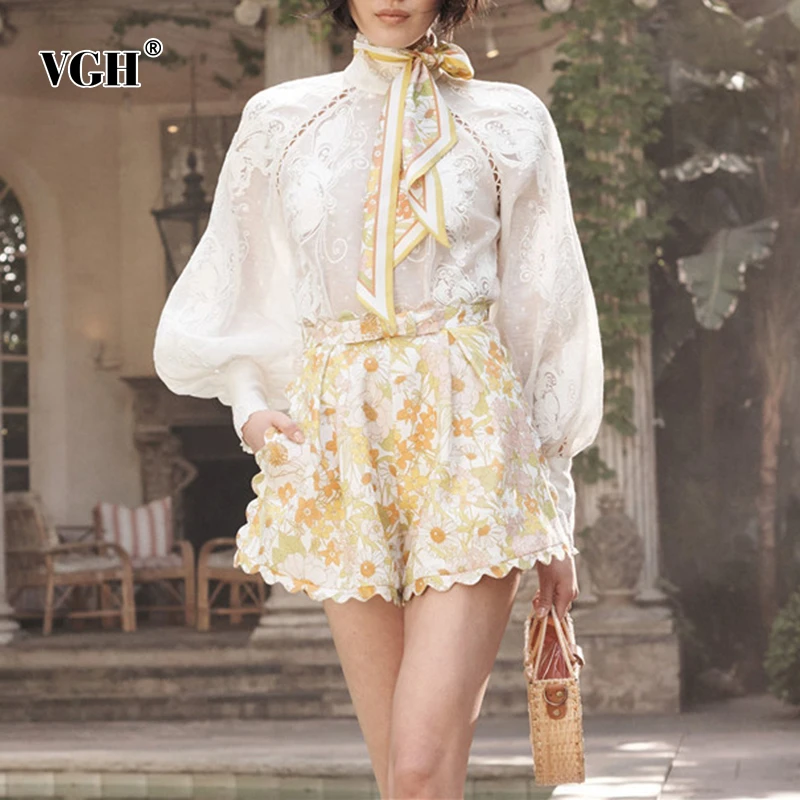

VGH Autumn Embroidered Hollow Out Womens Tops And Blouses Stand Collar Lantern Sleeve Shirt Female Vintage Fashion New Clothes