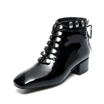 

Leisure Cross-Tied Solid Ankle Boots Punk Metal Decoration Breathable Lace-Up High Heels Fashion Back Zipper Ladies Shoes Botas