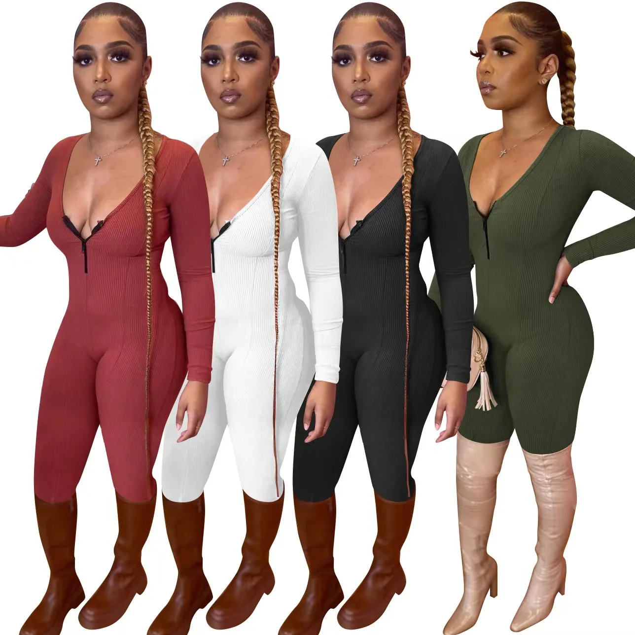 Casual Women Jumpsuit Knit Ribbed Front Zipper Deep V-neck Bodycon High Streetwear Long Romper Playsuit Clothes For |