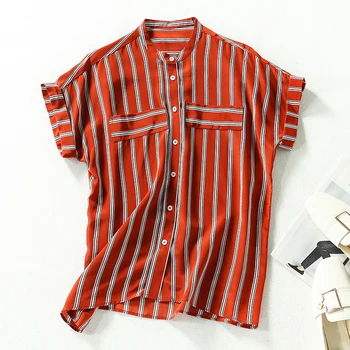 

100% Natural Silk Women Summer Tops Blouses Elegant Fashion Stand Collar Short Sleeve Striped Real Silk Casual Red Shirt Blouse