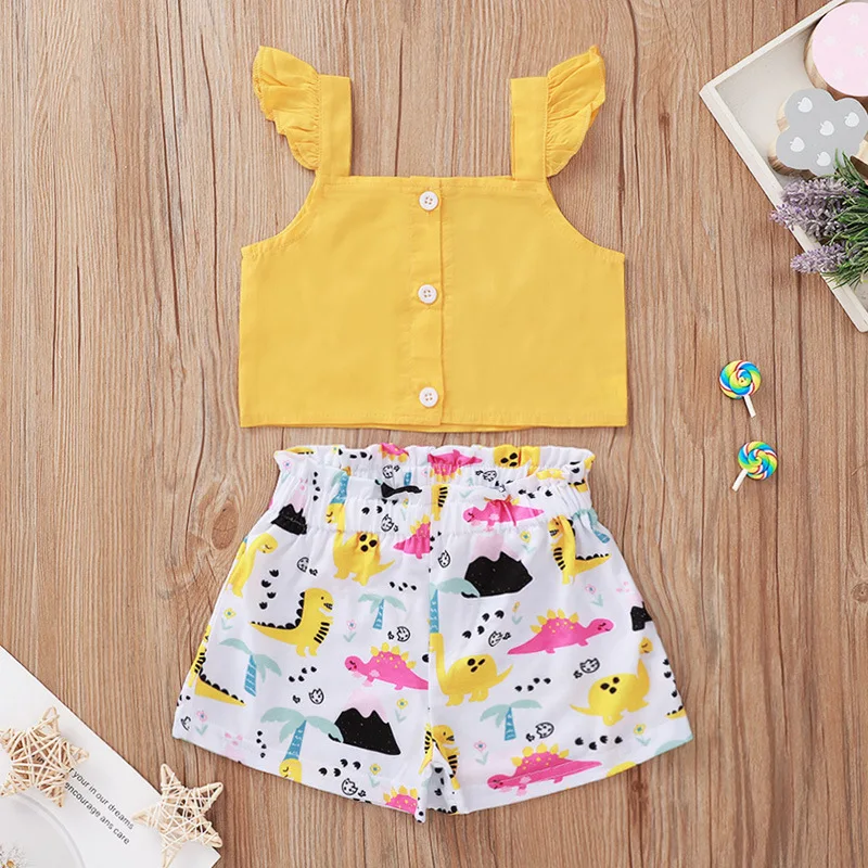 2020 Kid Baby Girl Flutter Sleeve Tank Tops Cartoon Dinosaur Shorts 2pcs Outfit Children Summer Yellow Clothes Sets Wholesale | Мать и