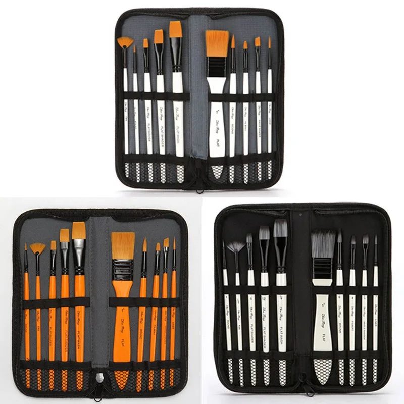NEW Art Supplies 10Pcs Nylon Hair Oil Acrylic Watercolor Painting Brushes Set Drawing Art Supplies With Zipper Carrying Case
