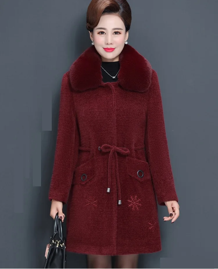 Wine red UHYTGF меховой воротник осень зима шерстяное пальто Роскошные Имитация норки кашемир элегантные шерстяные пальто мода мама 5XL плюс Размер tops1006 - Цвет: Wine red