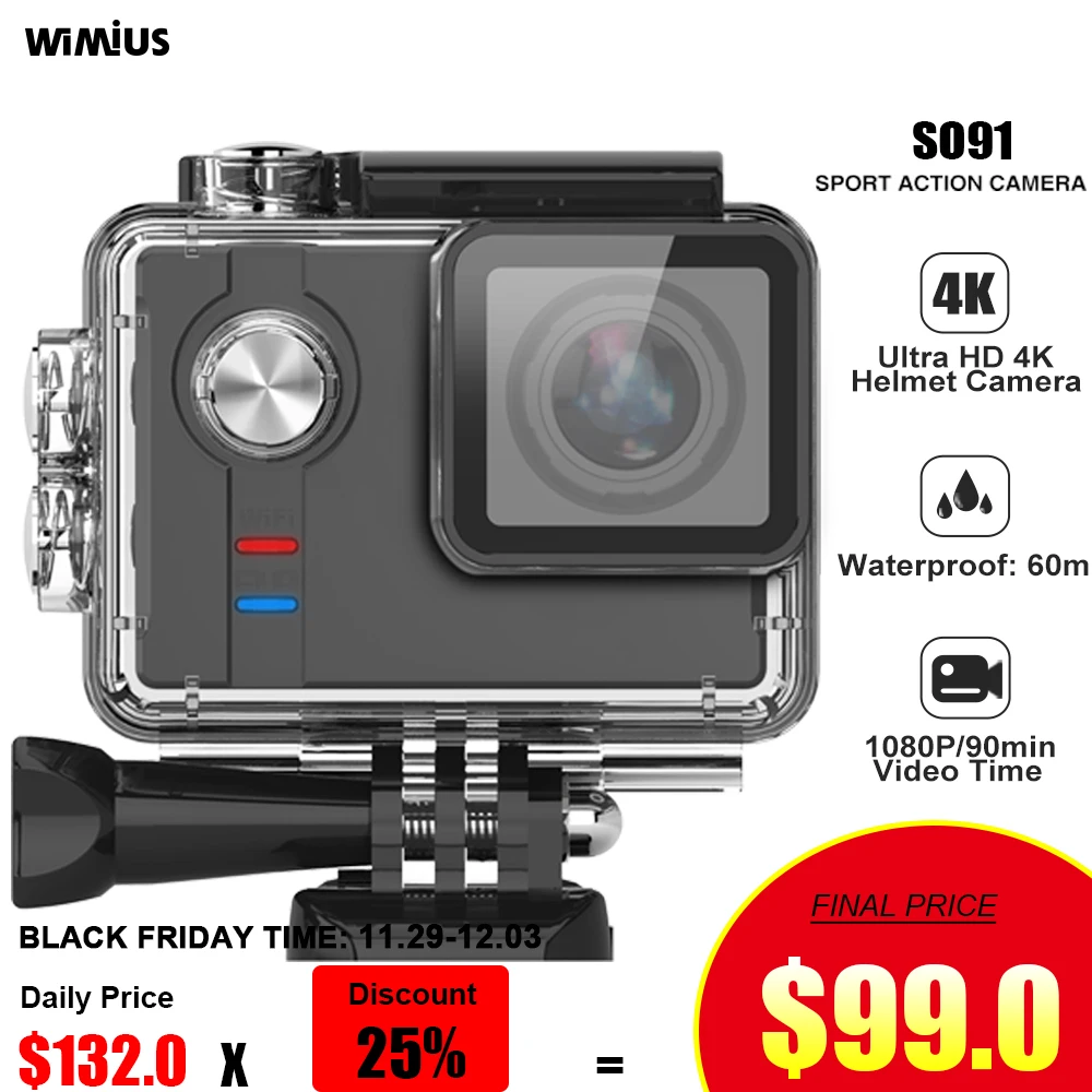 Wimius SO91 Спортивная экшн-видеокамера HD 4K 12MP Экшн-камера 60 м водонепроницаемая Wi-Fi Bluetooth Камера на шлем видео Экшн-камера