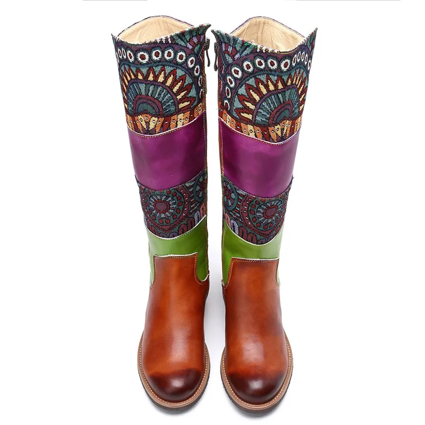 

Retro Bohemian Knee Boots Women Embroidery Lace Long Boots Splicing Pattern Zip Winter Non-Slip High Quality Botas Mujer 2019 40