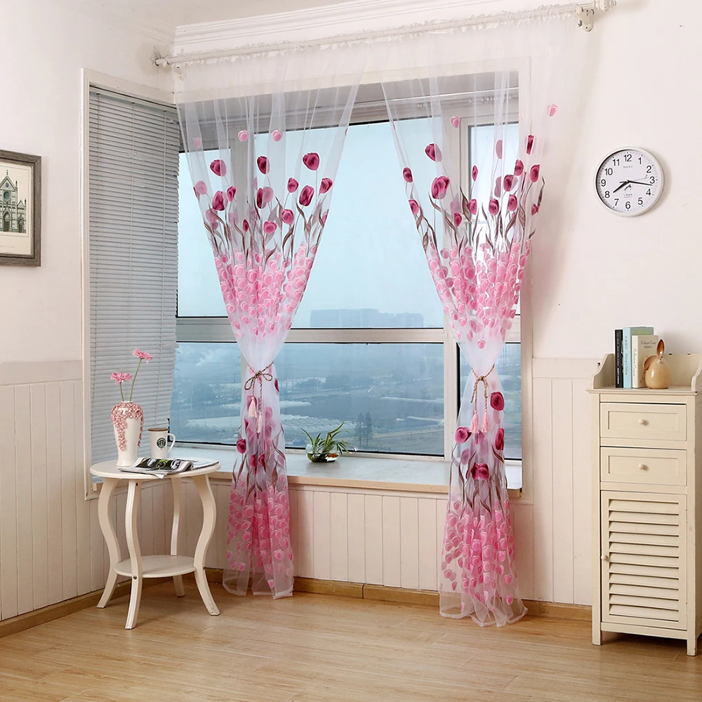 1 Panel Peony Sheer Curtain Tulle Window Modern Window Curtain Flower Printed Treatments Voile Drape Valance For Living Room