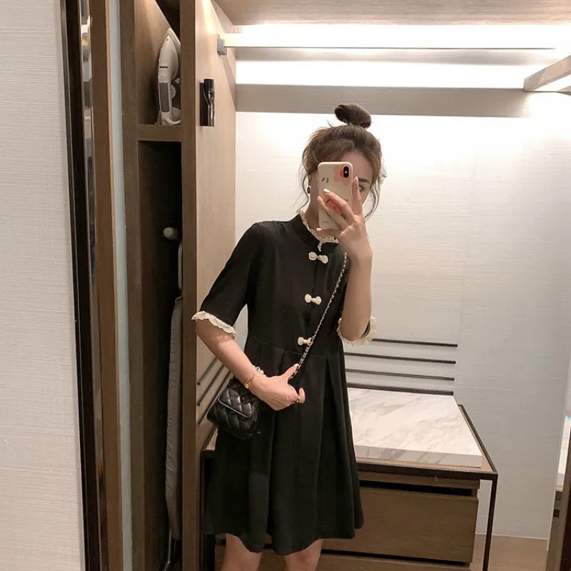 Модное черное платье с воротником-стойкой и коротким рукавом, женские вечерние платья в готическом стиле со шнуровкой, платье Ципао в китайском стиле, Harajuku Vestidos