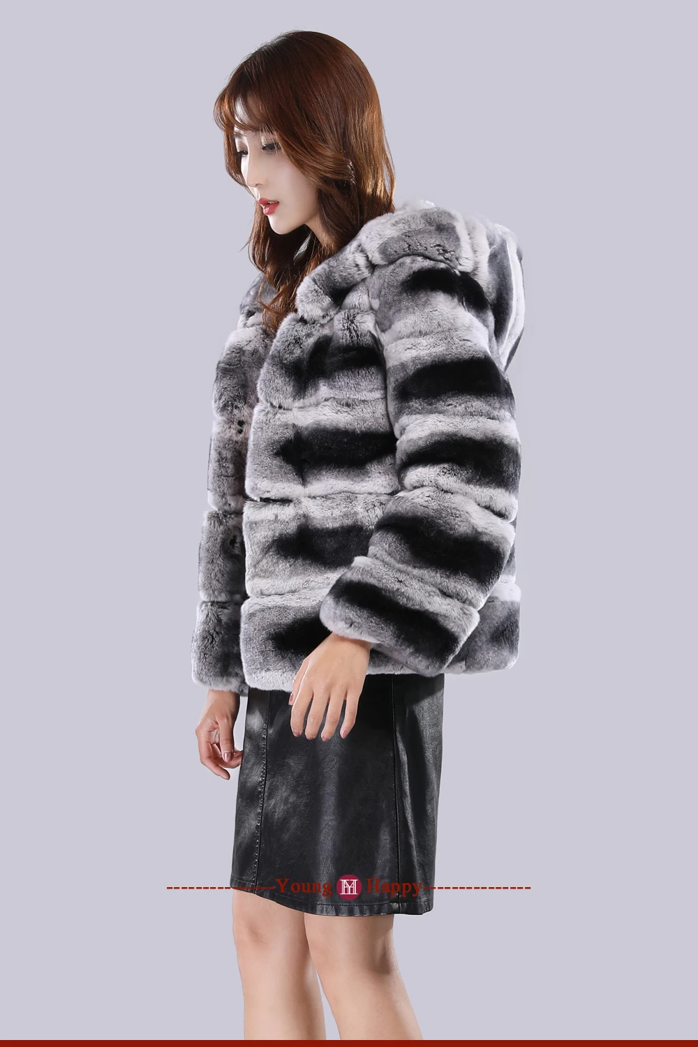 Female chinchilla fur outerwear women winter thick warm real rex rabbit fur jacket with hooded striped lovely brand
