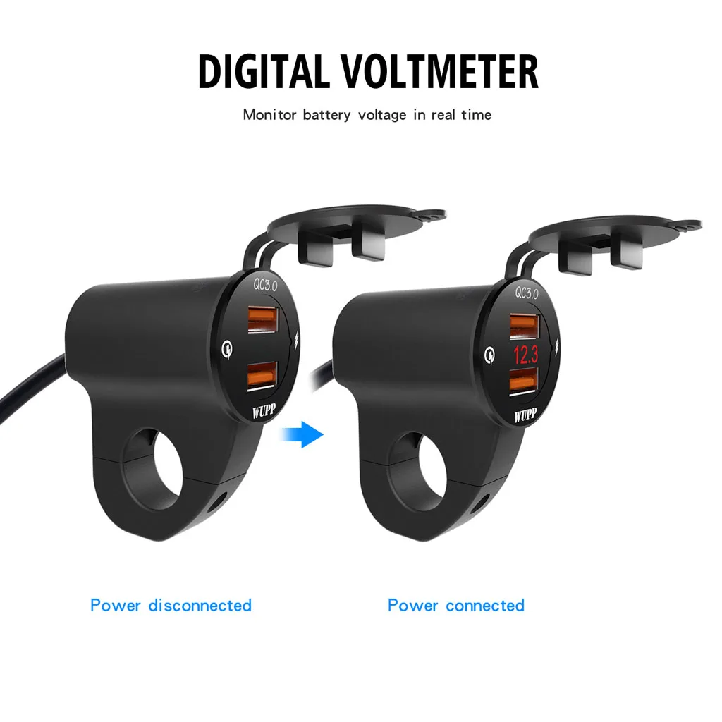 Металлический 12V мотоциклов Водонепроницаемый QC3.0 Dual USB быстрой Зарядное устройство Светодиодный переключатель вольтметра
