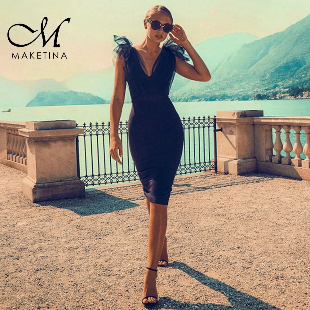 Maketina бандажные платья 2019 Новые поступления черный с v-образным вырезом