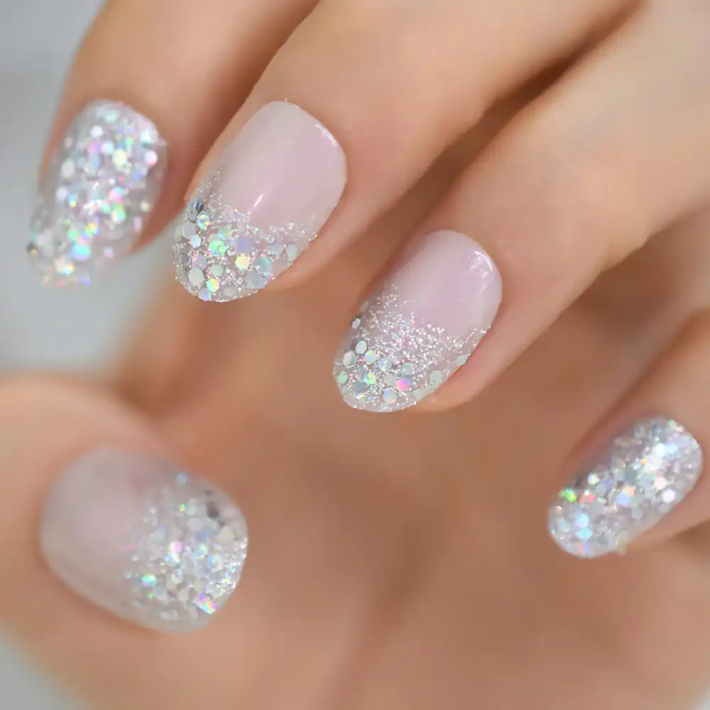 Holographic Silver Glitter Press On Nails Short Style Daily Wear Nude Pink Lady False Nails Oval Shape Nail Art Tips False Nails Aliexpress