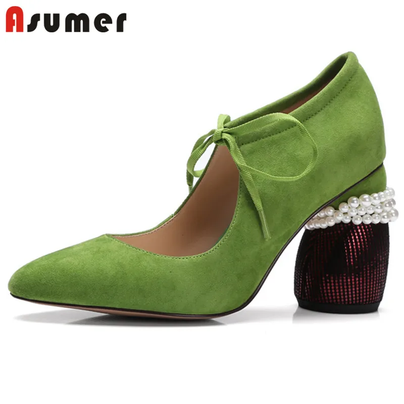 

ASUMER 2020 big size 33-42 women pumps suede leather pearl single shoes solid colors fashion party wedding shoes woman black