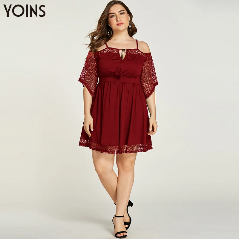 YOINS, осенне-зимнее женское платье, элегантное, размера плюс, на тонких бретельках, с завязками, с открытыми плечами, кружевное платье, сексуальные вечерние платья для сна