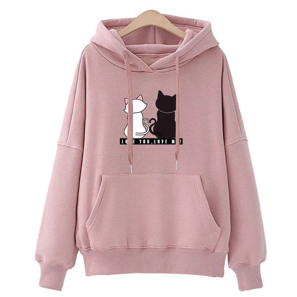 Для женщин с капюшоном SweatshirtCasual Спортивный пуловер Толстовка черно-белая кошка Толстовка-пуловер с принтом свитшот женский# py
