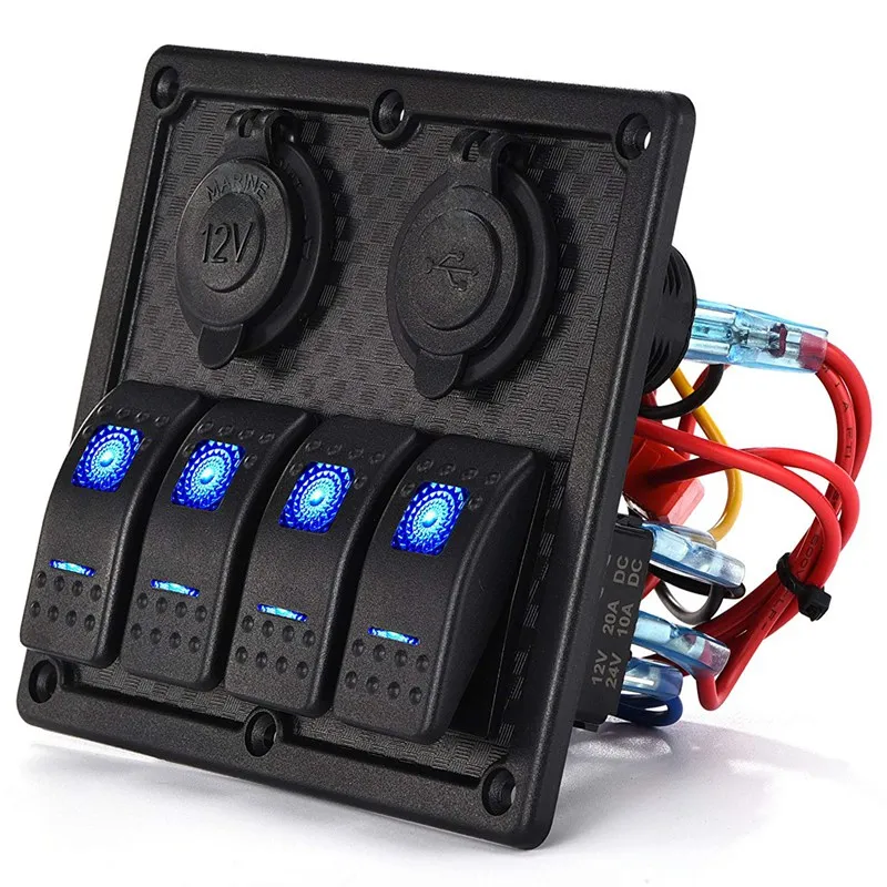 12 V-24 V 4 Gang морской катер автомобиля цепи RV светодиодный перекидной переключатель выключатель Панель выключатель вольтметр с предохранителем двойной USB кабель для зарядки для автомобилей класса RV лодка