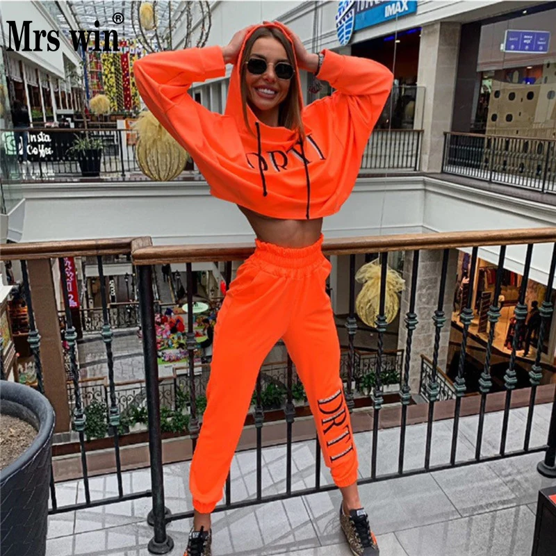 2019 Women's Sportswear Winter Set Suit Fashion Letter Pullover Hooded Jogging Suits Two piece Tracksuit For Female Gym Clothing | Спорт и