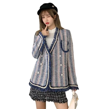 

Autumn And Winter New Fashion Tweed Fringed Side Pearl Buckle Jacket Coat Women High Quality Long Sleeve Elegant Retro Outwear