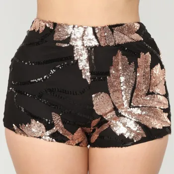 

Women Sequined Leaves Slim Sets Long Sleeve Tops And Short Pants Two Piece Outfits Spring Hollow Out Black Suits