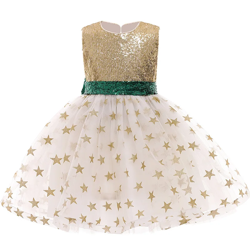 

New Girls Sleeveless Party Dress Bow Stars Sequins Mesh Dress Halloween Costume for Girls Children's Clothing