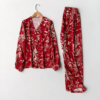

Autumn Casual Clothing 2 Pcs Pajamas For Women Red Maple Print Pajama Sets Satin Silk Home Service Button Full Length Sleepwear