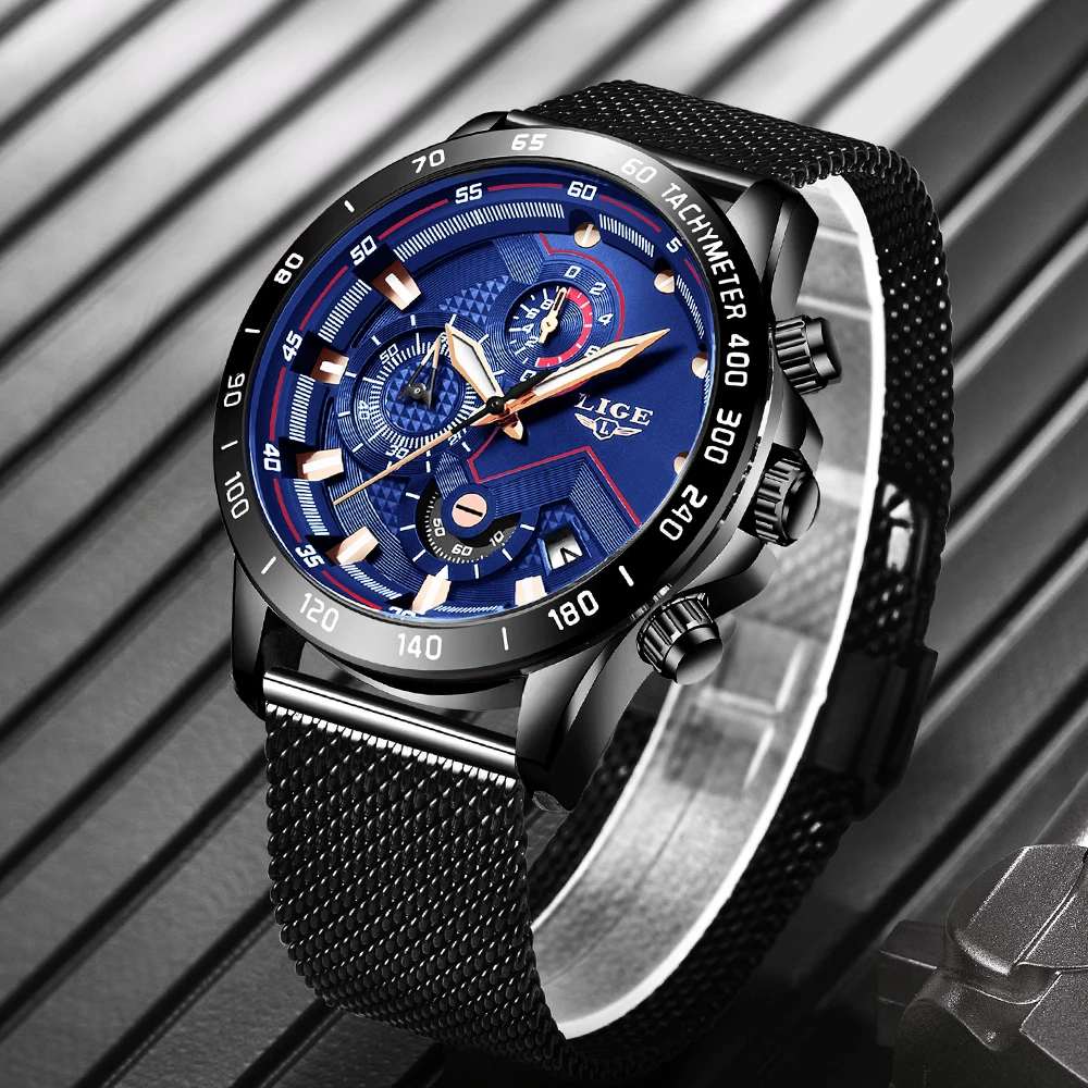 Relojes Hombre LIGE Лидирующий дизайн Бизнес Кварцевые часы для мужчин сетка полный стальной водонепроницаемый спортивный хронограф Мужские часы мужские