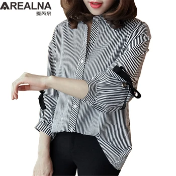 

Plus Size Women's Striped Shirt Blusas Mujer De Moda 2019 Kimono Lace Up Bow Loose Womens Tops and Blouses Work Oversized Shirts