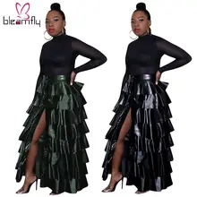 Зимние женские юбки, сплошной цветной многослойный воланы из искусственной кожи, юбки длиной до щиколотки, модная сексуальная одежда для ночного клуба