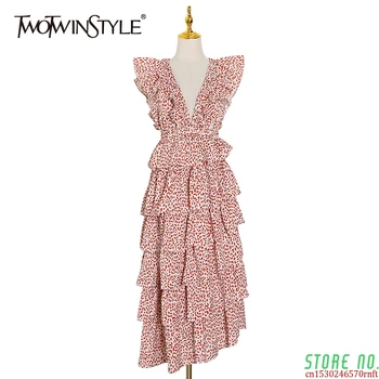 

Vintage Asymmetrical Print Dresses V Neck Butterfly Short Sleeve High Waist Cascading Ruffle Summer Dress Women New