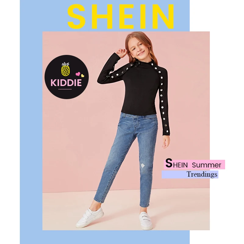 SHEIN Kiddie/черный воротник-стойка, Повседневная футболка с пуговицами, детский топ, г., Осенние однотонные Детские футболки с длинными рукавами