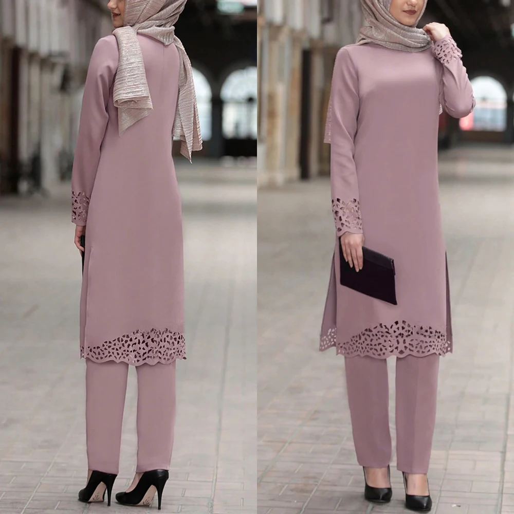Vestido musulmán Ramadán Eid para mujer, conjunto de 2 piezas, Top y pantalones, Abaya de Dubái, caftán de encaje, Ropa islámica africana de Turquía