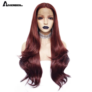 

ANOGOL High Temperature Fiber Middle Part Natural Long Body Wave Wine Red Ombre Yellow Light Green Synthetic Lace Front Wigs