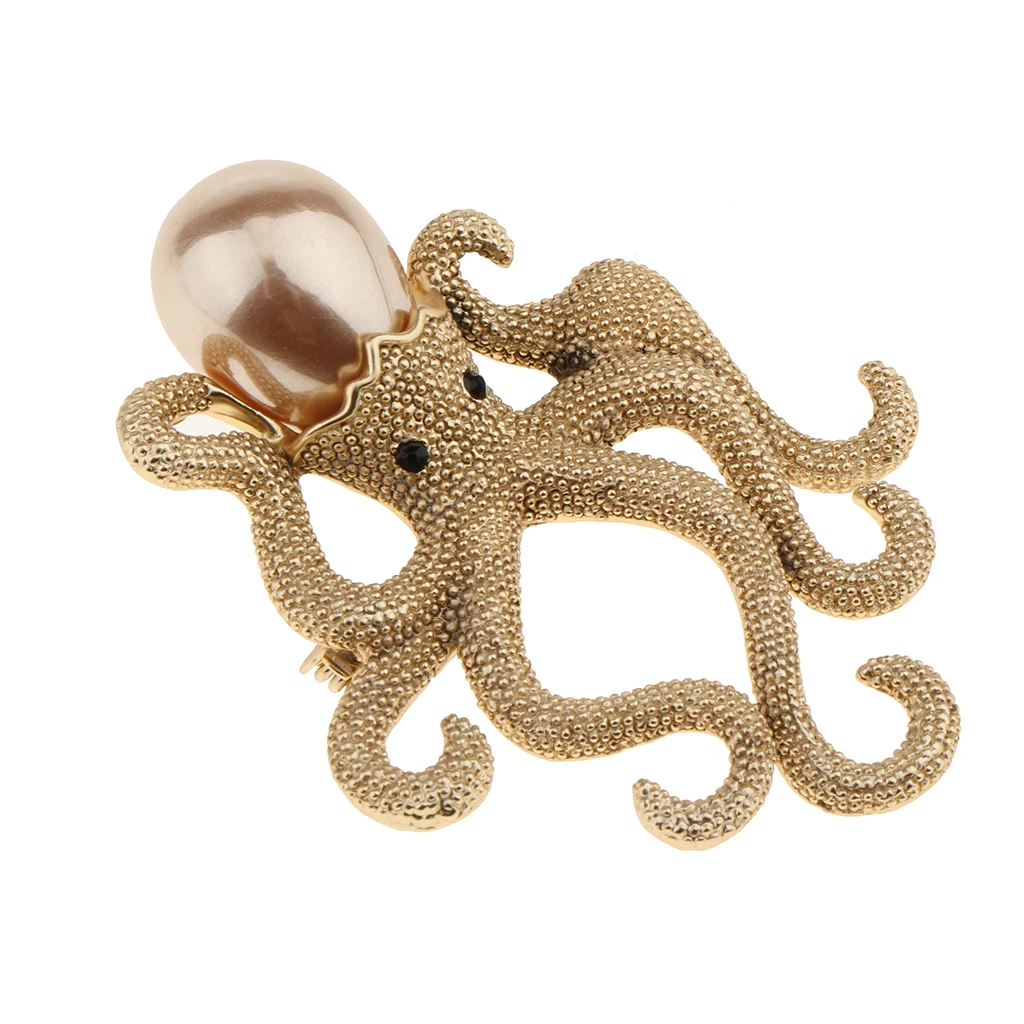 Tone Vintage Octopus Animal Pendant Brooch Pin Simulated Pearl Silver Gold 