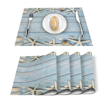 

Beach Starfish Blue Wooden Texture Background Placemat for Dining Table Non-slip and Heat-insulating Table Mat Table Decoration