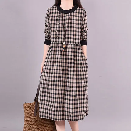 

2019 Autumn New Style Retro Comfortable Crew Neck Literature And Art Frog Long Sleeve Casual Joint Base Dress Women's