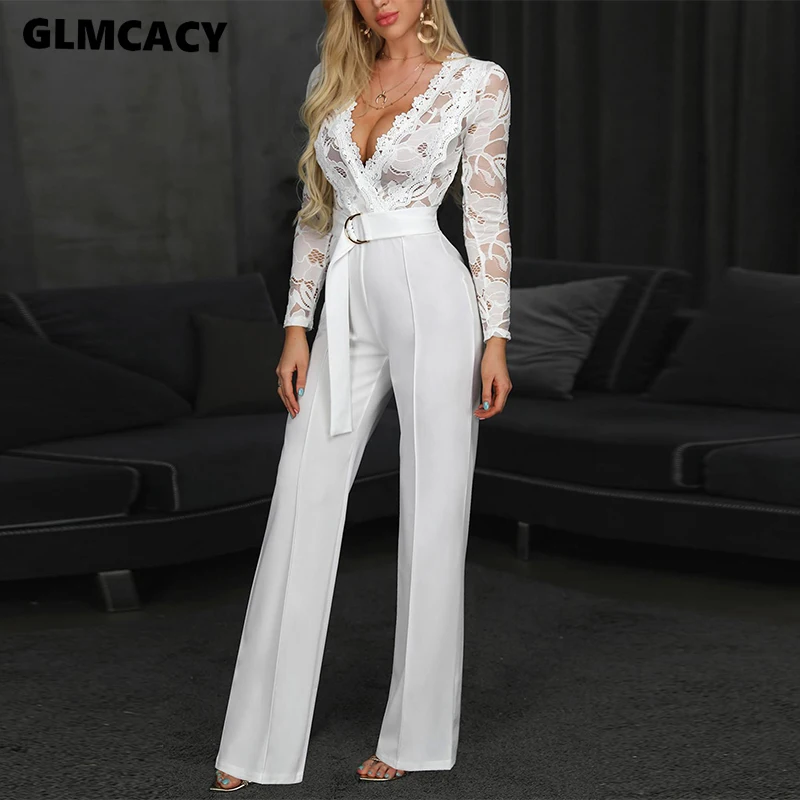

Women Sexy Elegant Overalls Rompers Patchwork Jumpsuit Female Long Sleeve Lace Overall Trousers Party Overalls