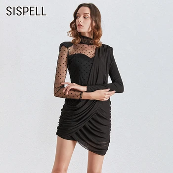 

SISPELL Patchwork Mesh Dress For Girls Asymmetric Ruched Perspective Stand Collar Long Sleeve High Waist Slim Women's Sexy Dress