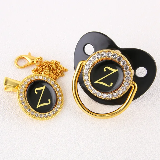 Luxury Black Bling Baby Pacifier And Clip Alphabet Letter M Infant Pacifier Gold Letter Unique 26 Name Initials Baby Shower Gift Z
