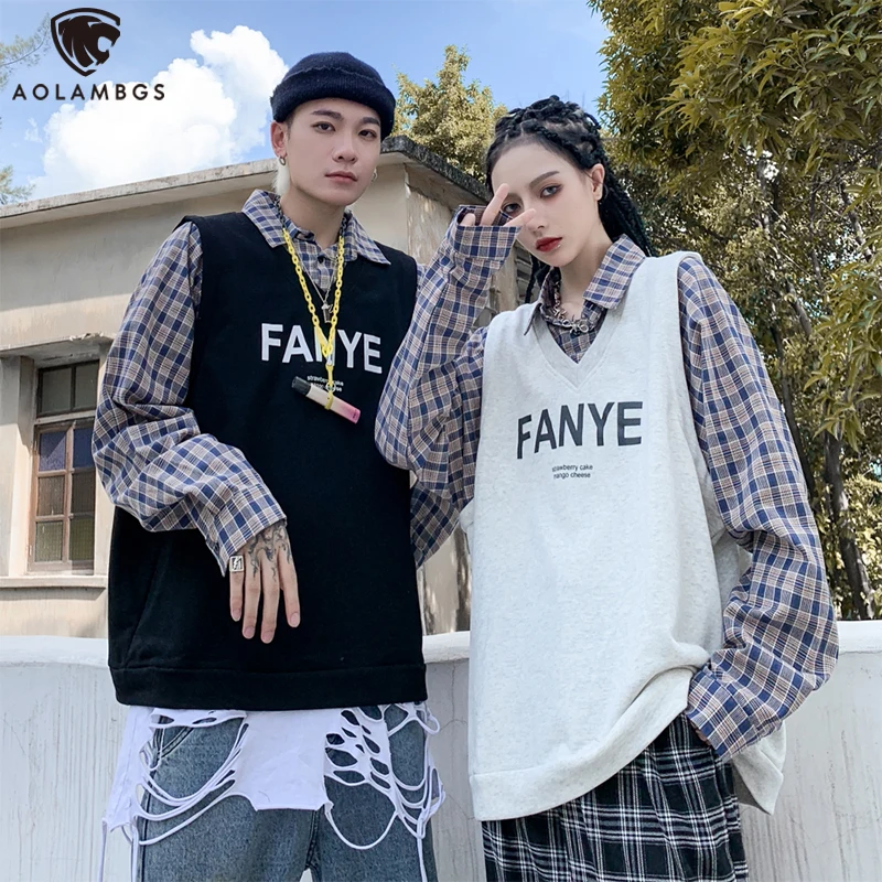 

Aolamegs Fake 2 Pieces Pullover Men Plaid Print Shirt Sweatshirt Men Autumn Simple All-match Advanced Harajuku Couple Streetwear
