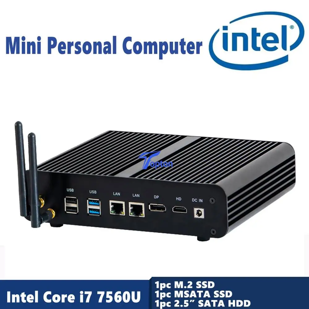 Мини игровой ПК Intel i7 7560U cpu UHD graphics 630 безвентиляторный мини компьютер HDMI, DP, 2 LAN(RJ45), 4USB3. 0, Wi-Fi, Windows 10 Pro