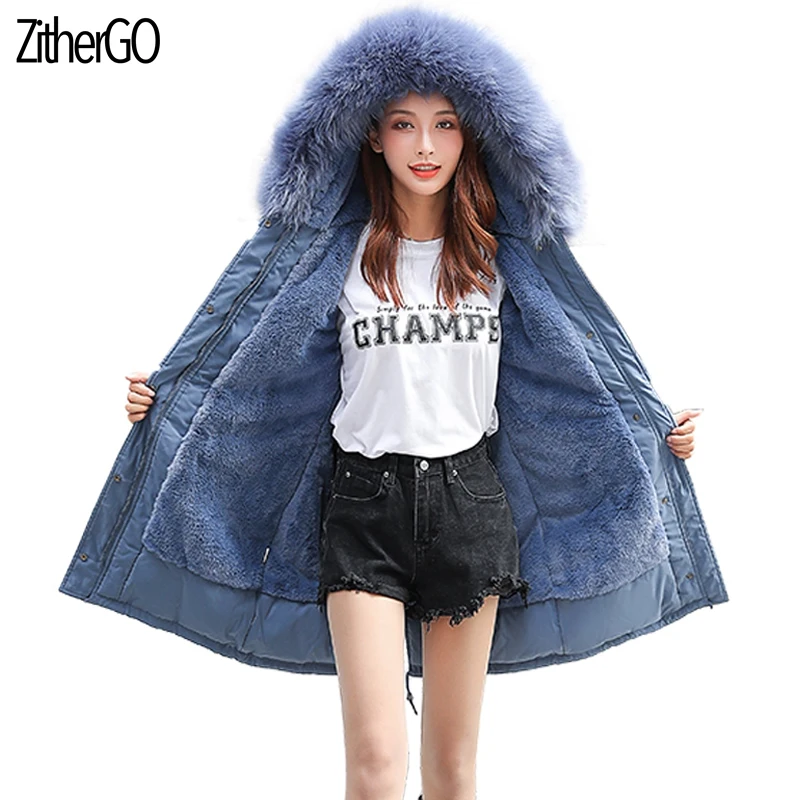 

ZitherGo Winter Women Jacket Rex rabbit hair liner Warm Jacket Hooded Big Fur Collar Parka Female Fashion Outwear