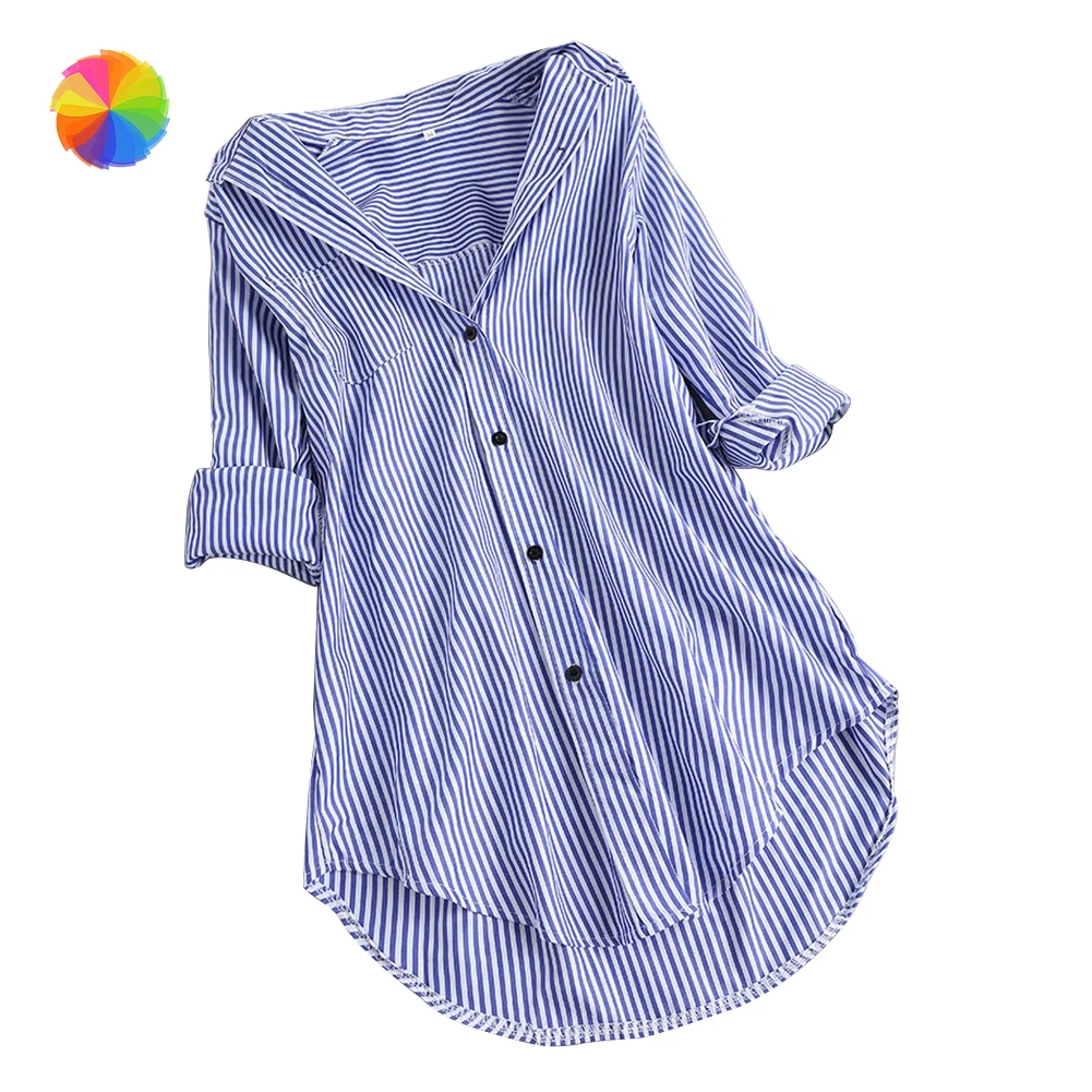 

Women Spring Autumn Casual Striped V Neck Tops Shirts Long Sleeve Irregular Hem Shirt