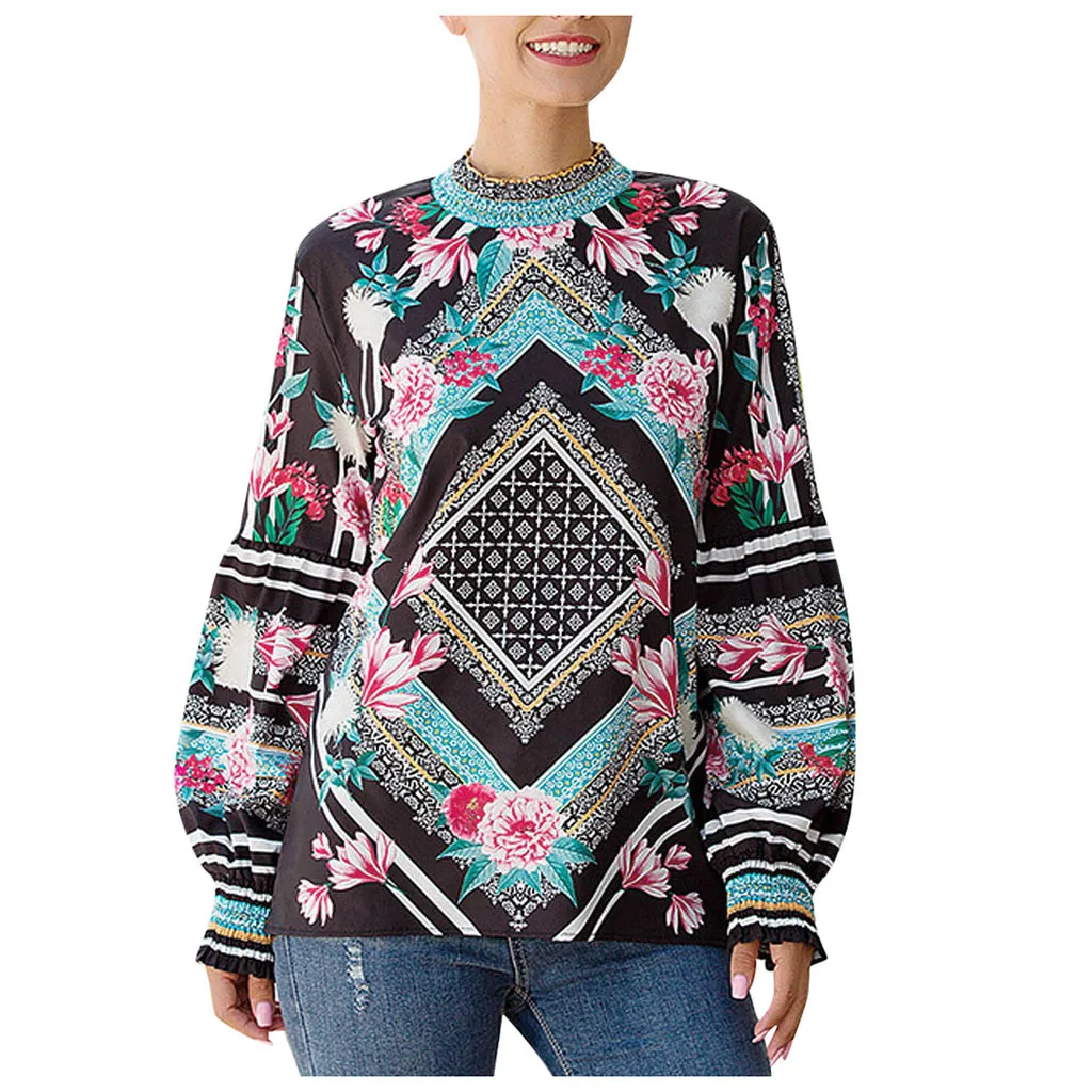Женская одежда boho, блузки, Зимняя мода, длинный рукав, с принтом, рукав-фонарик, рубашка с вертикальной одеждой, blusas femininas