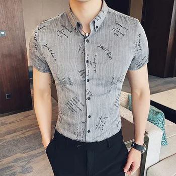 

Summer Fashion Letters Print Men Shirt Short Sleeve Brand 2020 Casual Chemise Homme Business Work Shirt Men Slim Fit Men Clothes