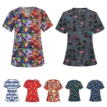 

3D Women Printing Nursing Scrubs Tops T Shirt Casual Short Sleeve Women Scrubs Uniforms Nurse V-neck Pocket Women Clothes